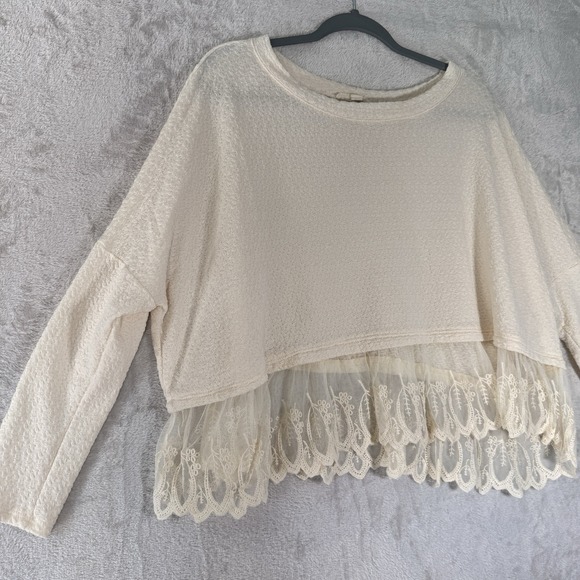 Womens Long Sleeve Lace‎ Trim Top Slouchy Oversized XS Boho Chic Romantic - Picture 2 of 7